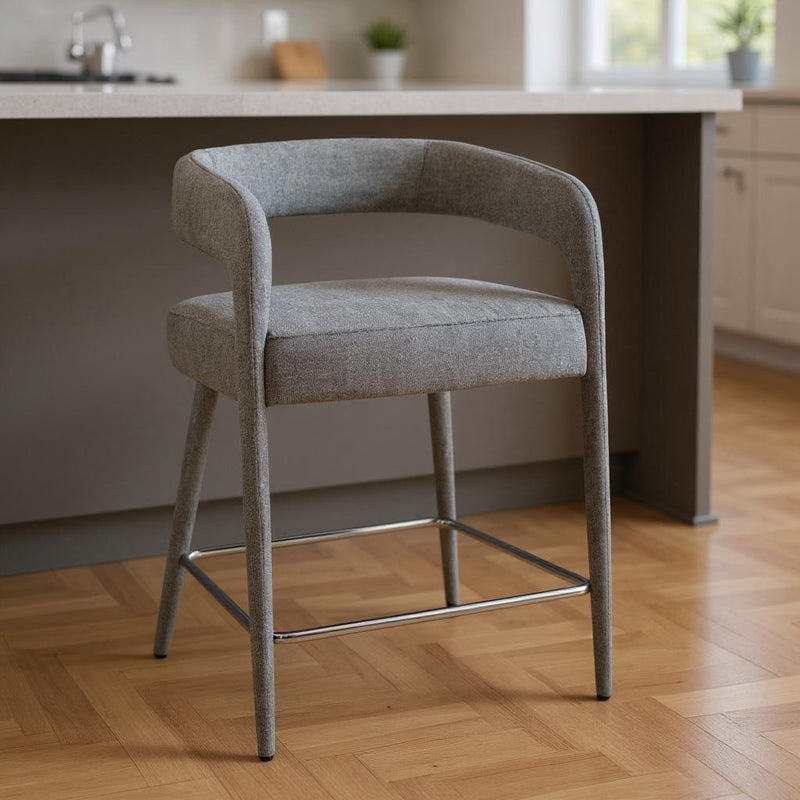 25" Modern Metal And Fabric Low Back Counter Height Bar Chair - Gray
