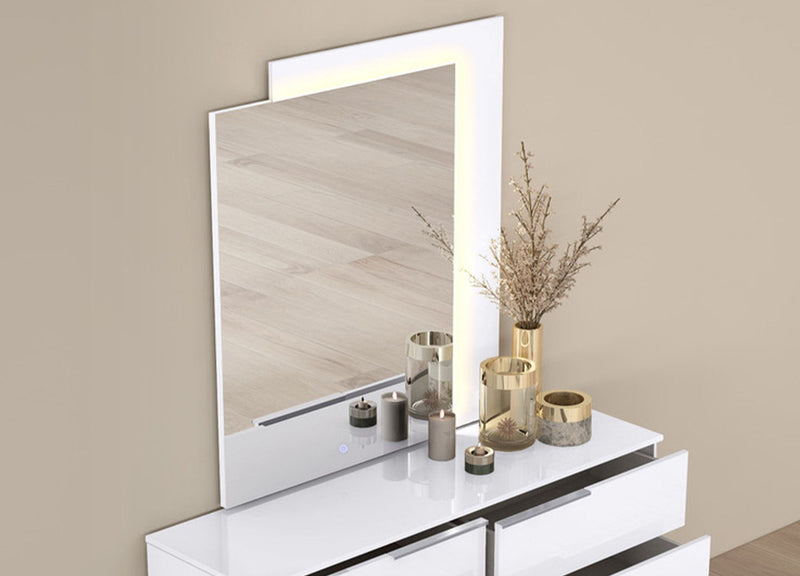 Wood Lighted Wall Mounted And Dresser Mount Geometric Framed Dresser Mirror - White