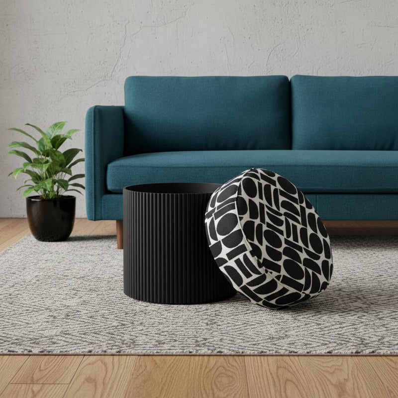 Fabric Round Ottoman - White / Black
