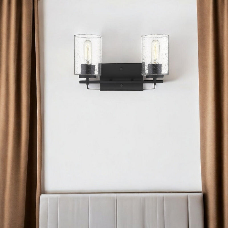 Metal And Textured Glass Two Light Wall Sconce - Black