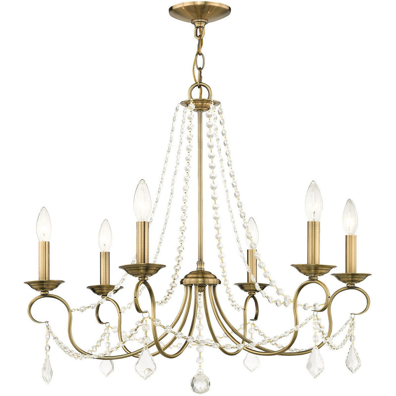 24" Six Light Dimmable Chandelier With Shades - Antiqued Brass