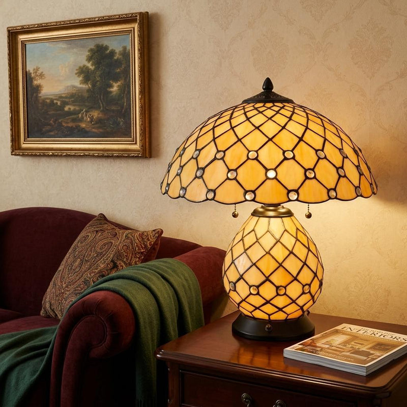 Two Light Round Tiffany Lamp With Dome Shade - Amber / Black