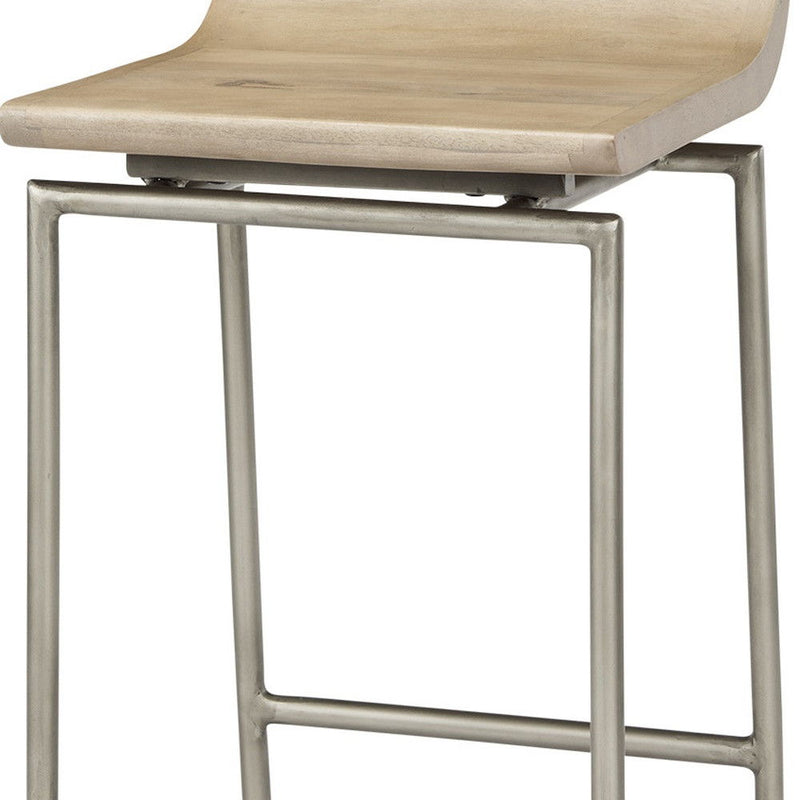 25" Solid Wood And Iron Low Back Counter Height Bar Chair - Silver / Natural