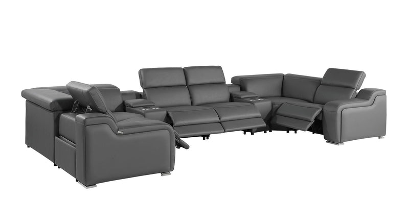 Italian Leather Power Reclining U-Shaped Eight Piece Corner Sectional With Console - Dark Gray