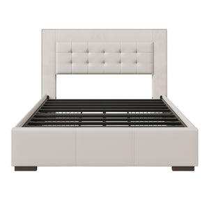 Modern Style Upholstered Queen Platform Bed Frame with Four Drawers, Button Tufted Headboard with PU Leather and Velvet, Beige