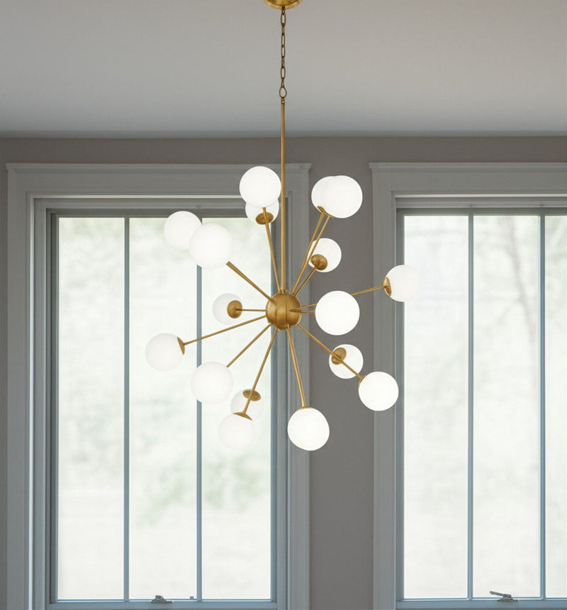 Sputnik Multi Light Frosted Metal And Glass Dimmable Chandelier With White Shades - Gold