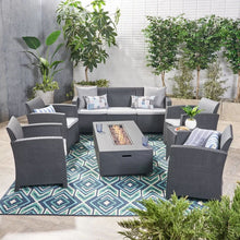 Load image into Gallery viewer, Outdoor Faux Wicker Rattan Style Chat Set With Water Resistant Cushions, 5 Pieces Set - Charcoal / Light Gray
