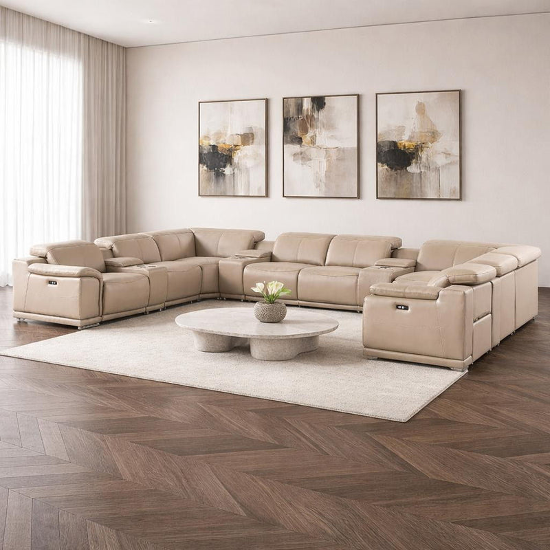 Leather Modular U Shaped Twelve Piece Corner Sectional With Console - Beige