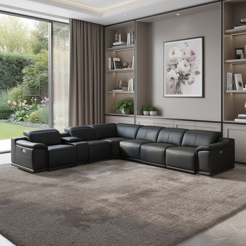 Italian Leather Power Reclining U Shaped Seven Piece Corner Sectional With Console - Black
