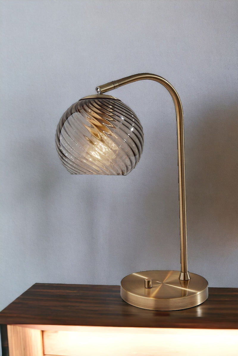 Metal Desk Lamp With Light Gray Swirl Globe Shade - Antiqued Brass