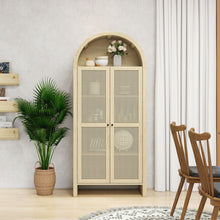Load image into Gallery viewer, Tall Arched Kitchen Pantry, Arched Storage Display Cabinet With 2 Drawers &amp; Adjustable Shelves, Rattan Door Versatile Storage Cabinet For Kitchen, Dining Room - Natural
