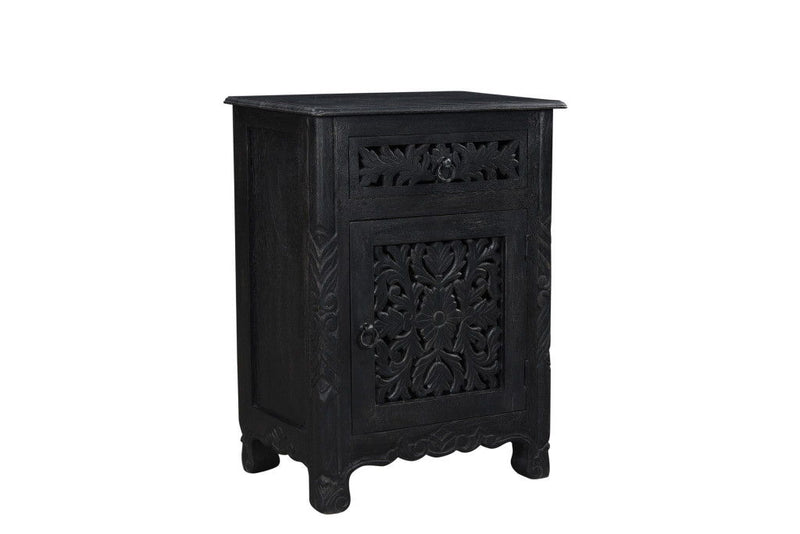 One Drawer Carved Floral Solid Wood Nightstand - Distressed Black