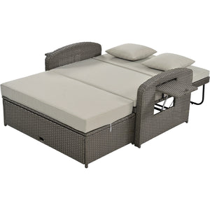 TOPMAX PE Wicker Rattan Double Chaise Lounge, 2-Person Reclining Daybed with Adjustable Back and Cushions, Free Furniture Protection Cover,Gray