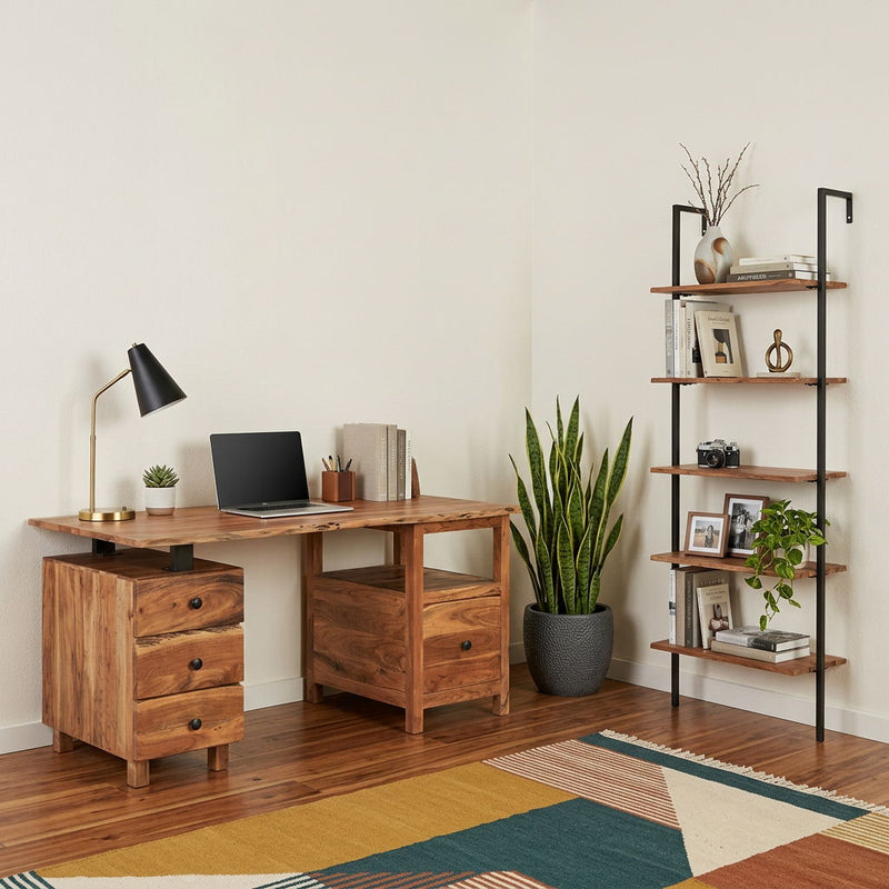 Wall Mounted Pedestal Executive Desk With Four Drawers - Black / Brown