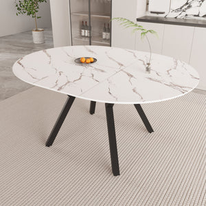 Modern Extendable White Circular Dining Table with MDF Top and Metal Legs for 4-6 Persons