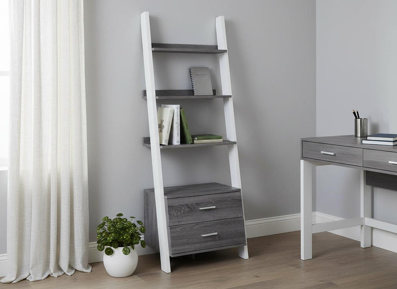 Ladder Bookcase With Two drawers - Gray / White