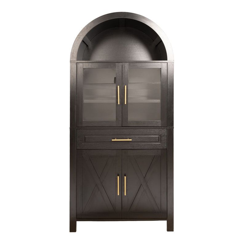 Arched Kitchen Pantry Cabinet With Adjustable Shelves And Barn Door Design