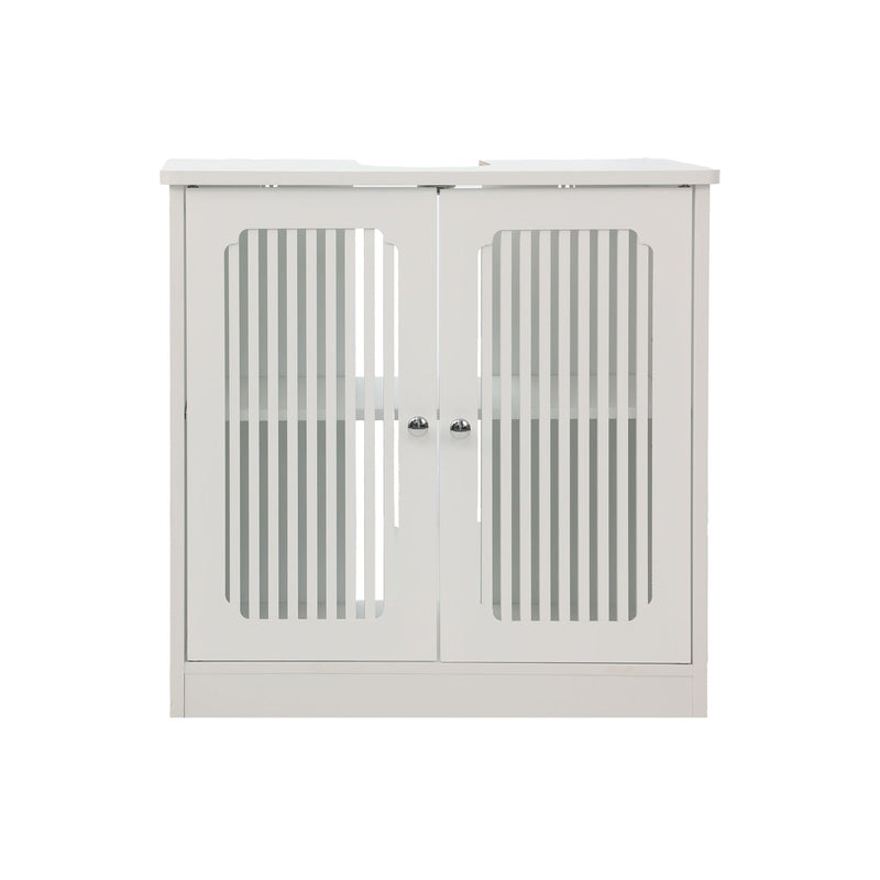 Louvered Double Door Floor Standing Bathroom Vanity Cabinet With Adjustable Shelf - White