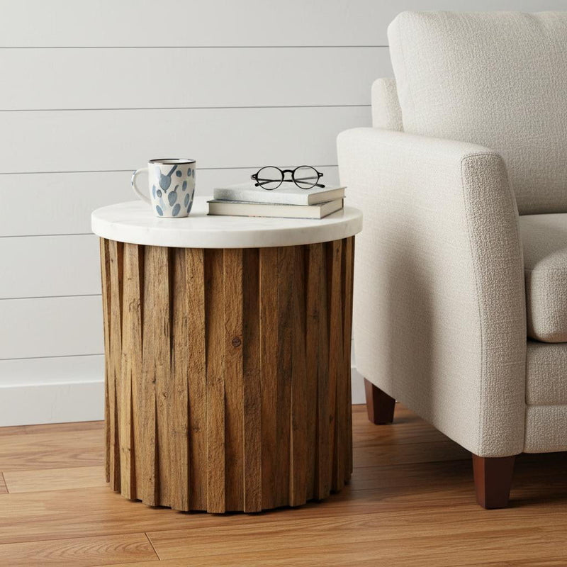Marble And Solid Wood Round End Table - Brown And Ivory