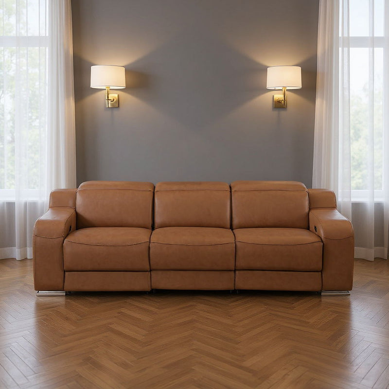 103" Modern Italian Leather Reclining USB Sofa - Chestnut