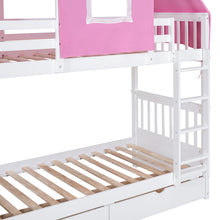 Load image into Gallery viewer, Twin Over Twin Bunk Bed Wood Bed with Tent and Drawers, White+Pink Tent
