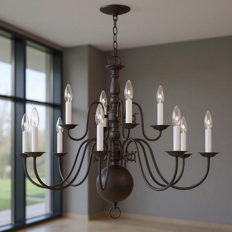 26" Twelve Light Dimmable Chandelier With Shades - Bronze