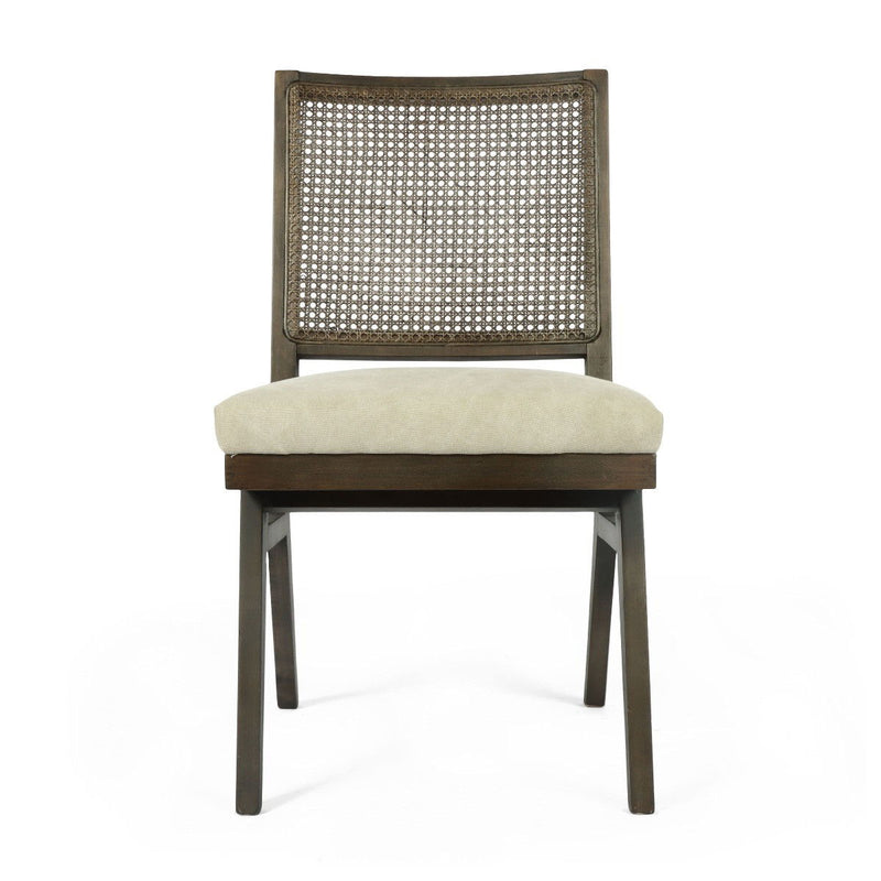 Wood Cane Upholstery Dining Side Chairs (Set of 2) - Brown / Gray