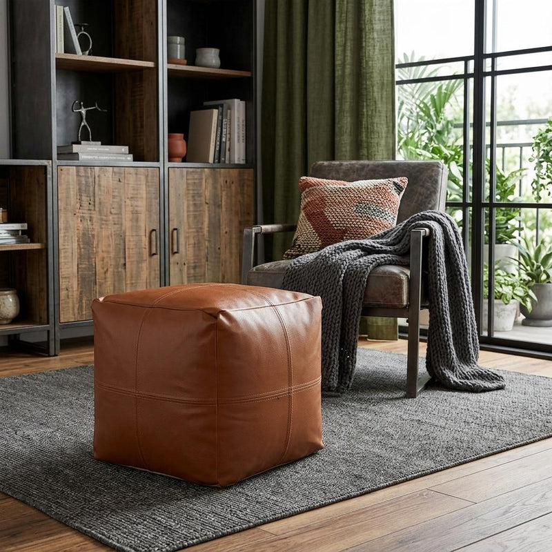 Faux Leather Cube Pouf Ottoman - Brown