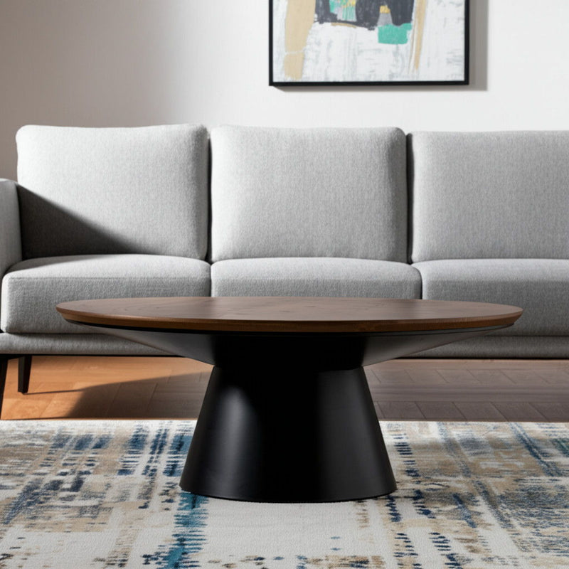 40" Solid Wood And Iron Round Pedestal Coffee Table - Black And Natural