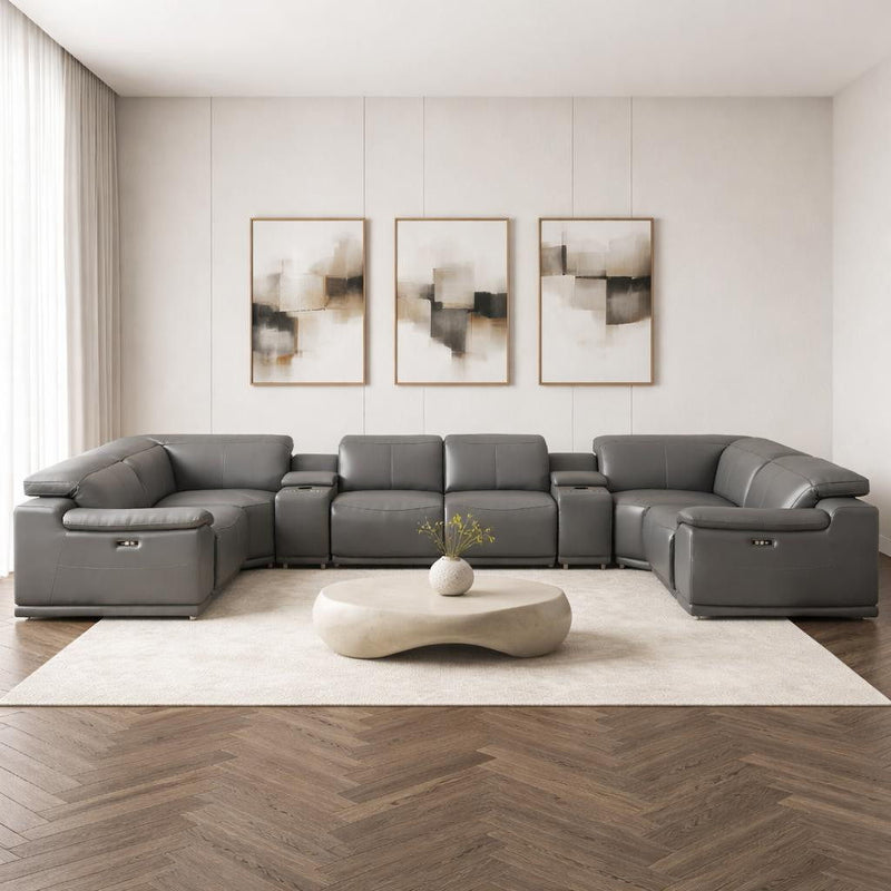Leather Modular U-Shaped Eight Piece Corner Sectional With Console - Battleship Gray