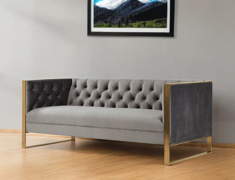 Velvet Sofa & Gold Legs - Gray