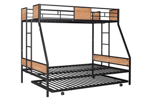 Metal Twin over Full Bunk Bed with Trundle/ Heavy-duty Sturdy Metal/ Noise Reduced/ Safety Guardrail/ Wooden Decoration/ Convenient Trundle / Bunk Bed for Three/ CPC Certified/ No Box Spring Needed