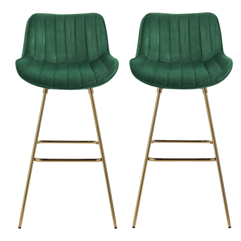 Velvet And Metal Swivel Low Back Bar Height Bar Chairs (Set of 2) - Green And Gold