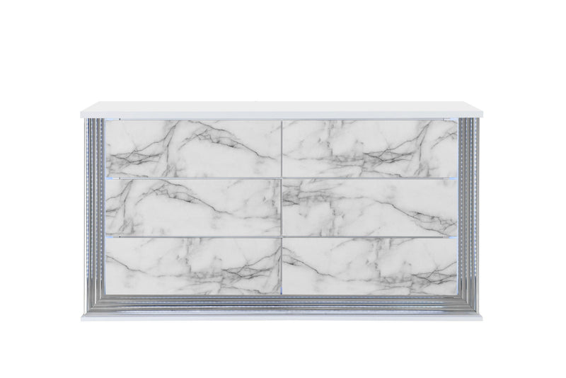 61" Faux Marble And Wood Lighted Six Drawer Double Dresser - White