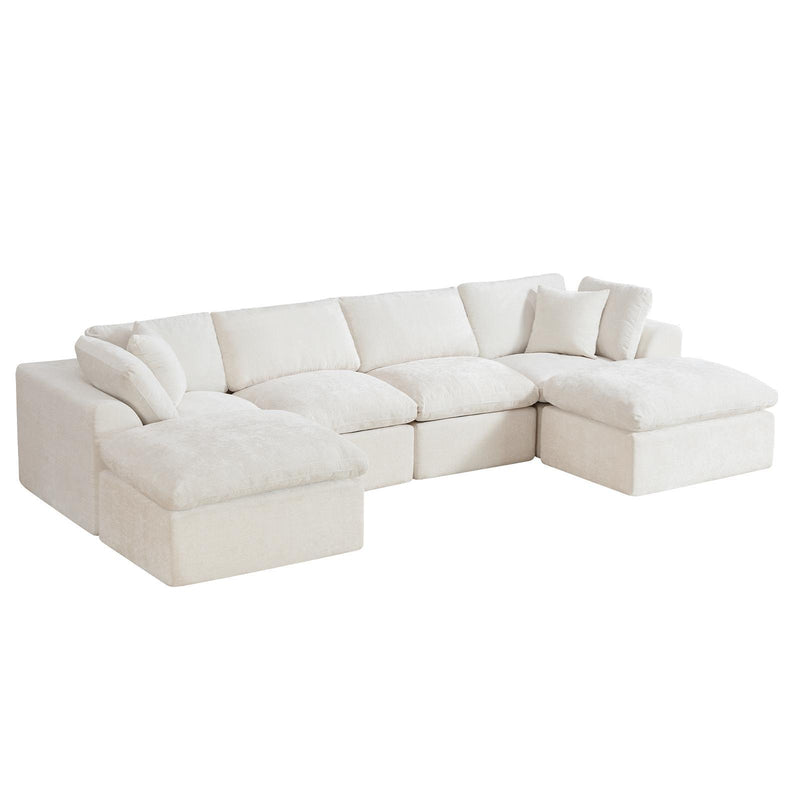 Chenille And Fabric Modular Sofa With Ottoman And Toss Pillows - Beige