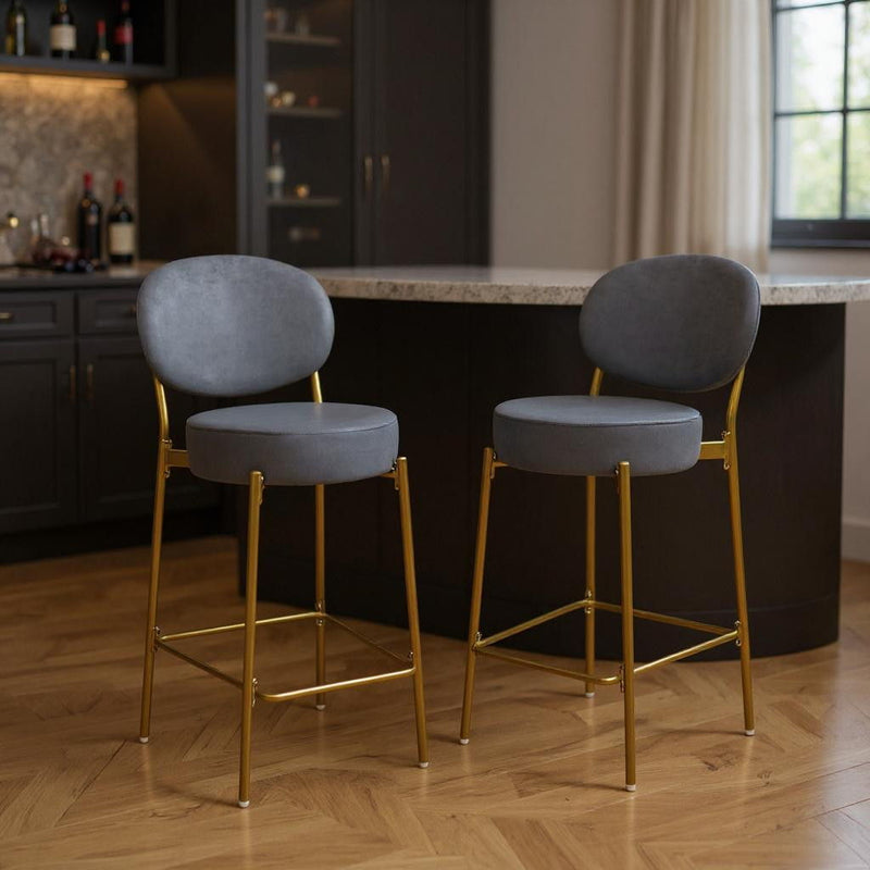 Velvet Metal Low Back Bar Height Bar Chairs (Set of 2) - Gray / Gold