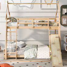 Load image into Gallery viewer, Twin over Queen House Bunk Bed with Climbing Nets and Climbing Ramp, Natural
