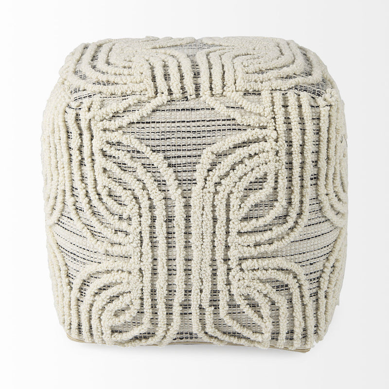 Fabric Geometric Round Pouf Ottoman - Gray / Beige