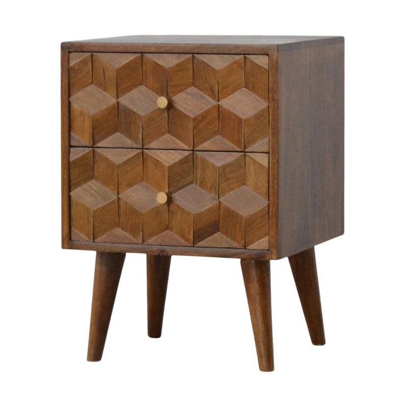 22" Wood Carved Geometric Two Drawer Nightstand - Chestnut