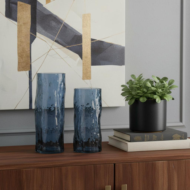 Glass Wavy Table Vases (Set of 2) - Blue