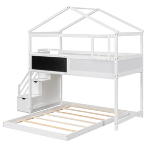 Twin over Full House Bunk Bed with Storage Staircase and Blackboard,White(Old SKU: GX001701AAK)