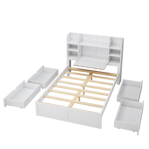 Multi-functional Full Size Bed Frame with 4 Under-bed Portable Storage Drawers and Multi-tier Bedside Storage Shelves, White