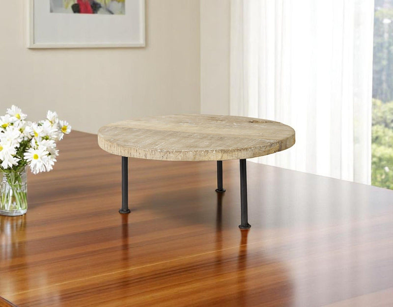 15" Round Solid Wood Handmade Riser Tray - Black / Light Brown