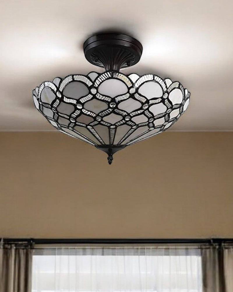 Two Light Tiffany Style Semi Flush Dimmable Ceiling LIght - Black / Gray