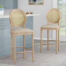 Load image into Gallery viewer, Country Chic Bar Stools (Set of 2) With Rattan Backrest And Upholstered Seat - Beige / Natural

