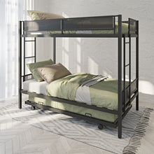 Load image into Gallery viewer, Metal Twin over twin bunk bed with Trundle/ Sturdy Metal Frame/ Noise-Free Wood Slats/ Comfortable Textilene Guardrail/ 2 side Ladders/ Space-Saving Trundle/ Bunk Bed for Three/ No Box Spring Needed
