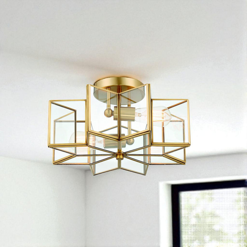 Unique Statement Two Light Metal Dimmable Flush Chandelier With Shades - Brass