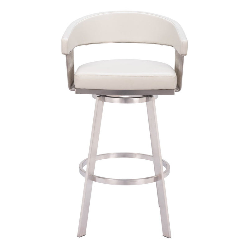 Faux Leather And Stainless Steel Bar Height Swivel Bar Chair - White And Silver
