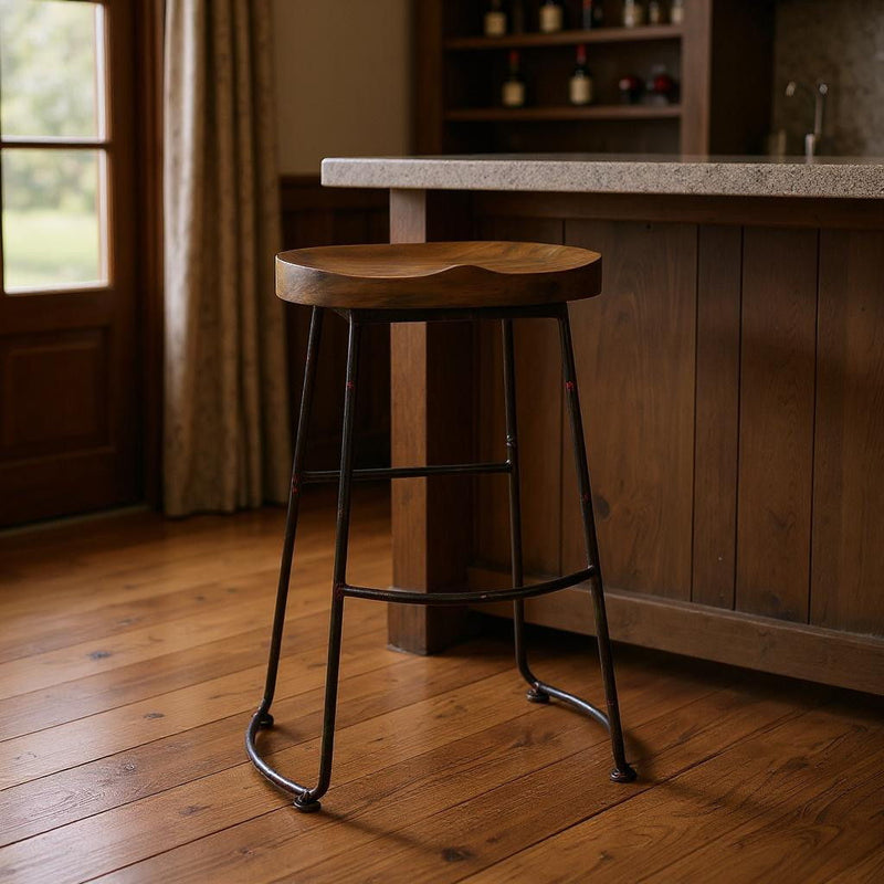 Wood Steel Bar Height Bar Chair - Brown / Black
