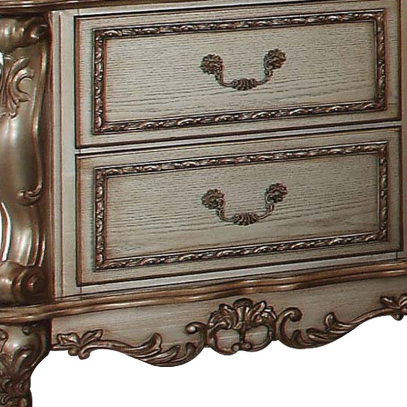 Two Drawers Solid Wood Mirrored Nightstand - Gold